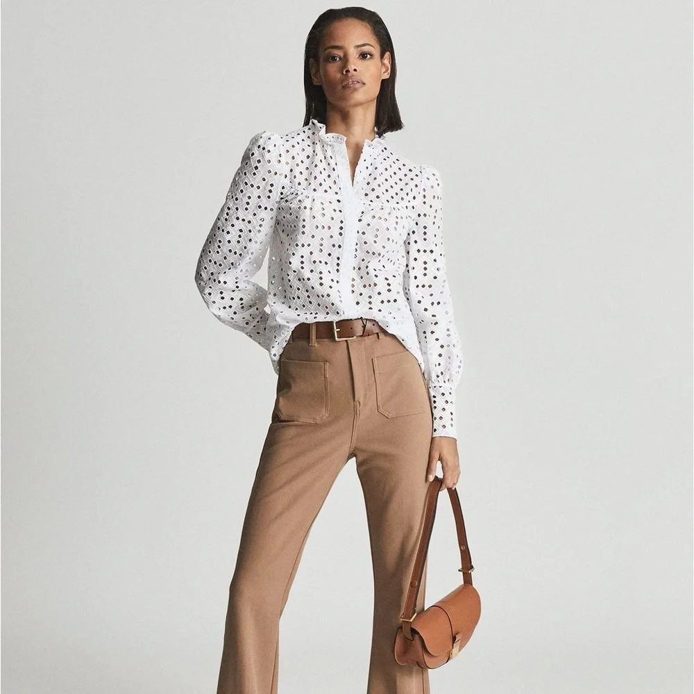 REISS Yasmin White Eyelet Embroidered Button Down Designer Blouse Size 6 - Picture 3 of 5